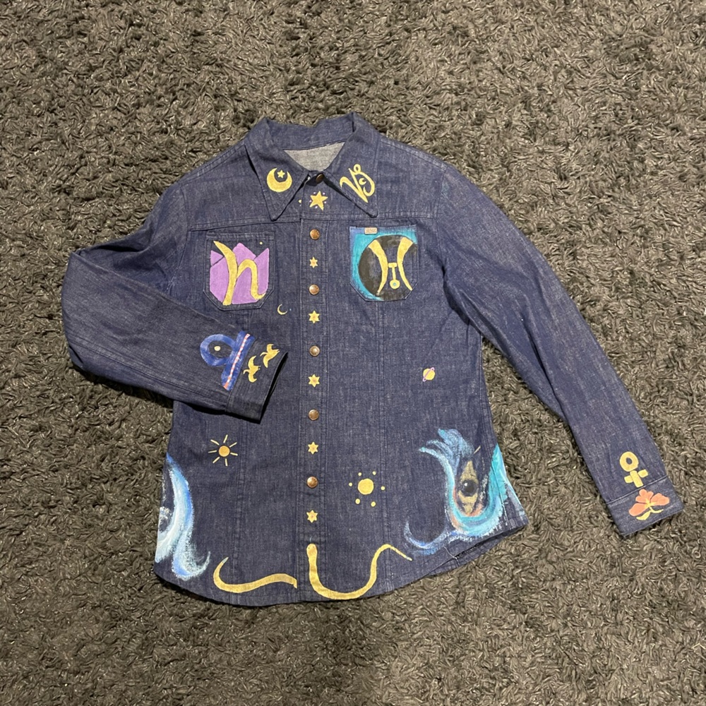 Cheap Jeans Denim Shirt Celestial Design, womens S/M, hand painted
